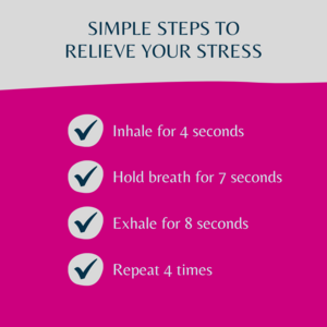 Poster saying. 
simple steps to relieve your stress.
inhale for 4 seconds
hold breath for 7 seconds
exhale for 8 seconds
repeat 4 times 
Inhale Peace Exhale Stress