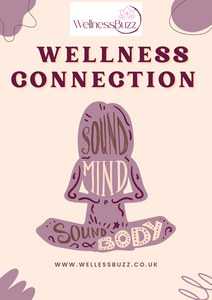 Wellness connection text with an outline of a figure sitting cross legged with the words sound mind sound body