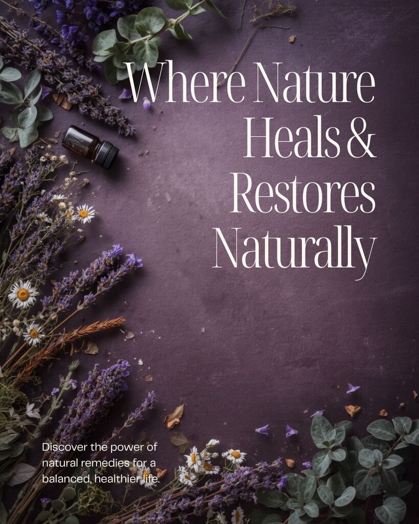 Where nature heals & restores naturally words on a burgundy background